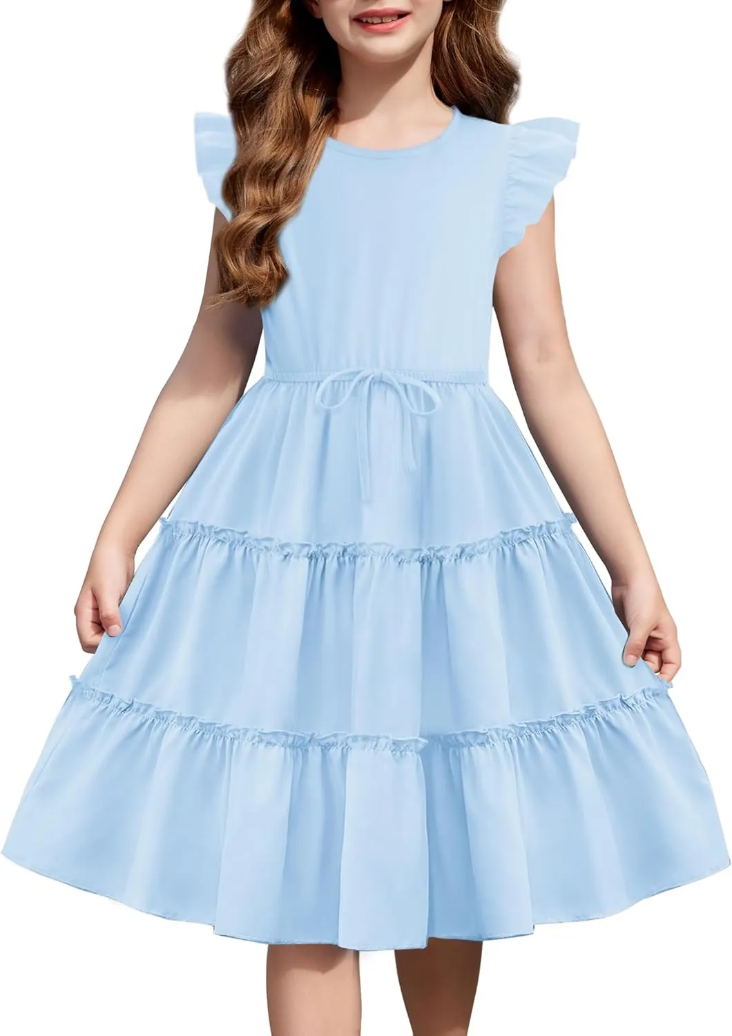 Arshiner Girl's Summer Dress Ruffle Sleeve Tiered Casual Party Dresses with Pockets 5-12 Years