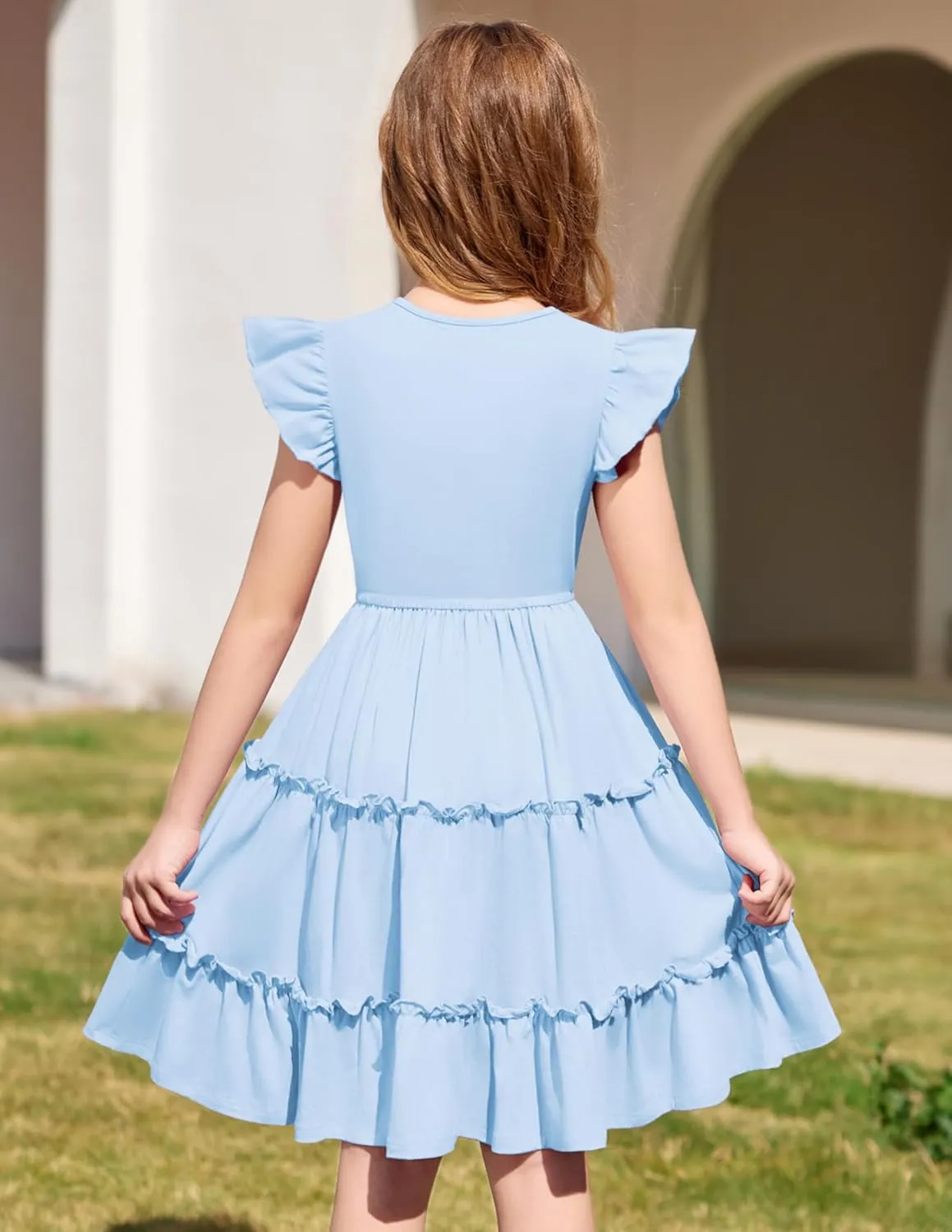 Arshiner Girl's Summer Dress Ruffle Sleeve Tiered Casual Party Dresses with Pockets 5-12 Years