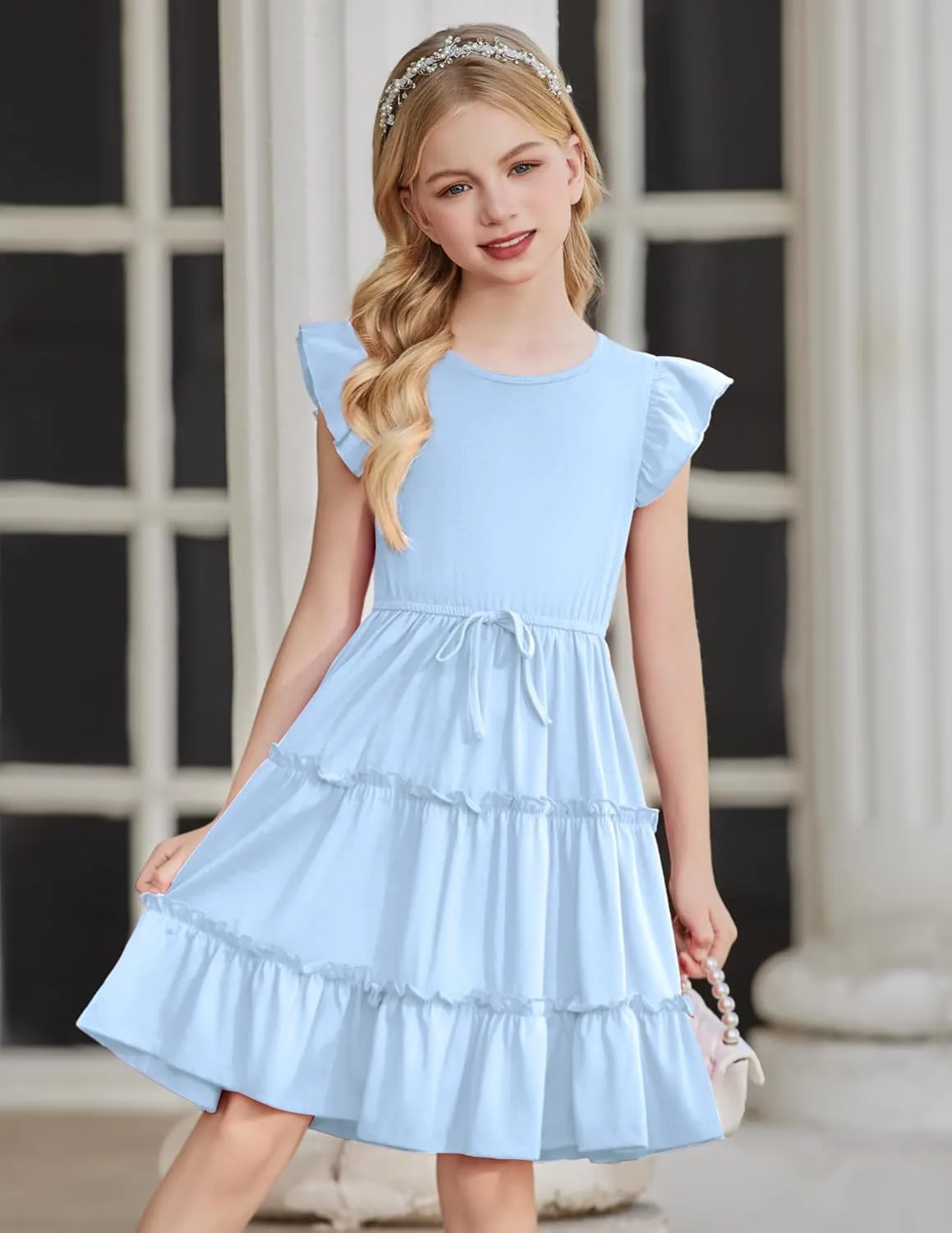 Arshiner Girl's Summer Dress Ruffle Sleeve Tiered Casual Party Dresses with Pockets 5-12 Years