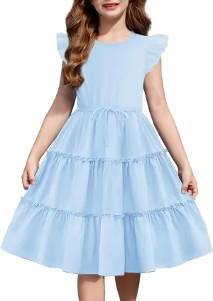 Arshiner Girl's Summer Dress Ruffle Sleeve Tiered Casual Party Dresses with Pockets 5-12 Years