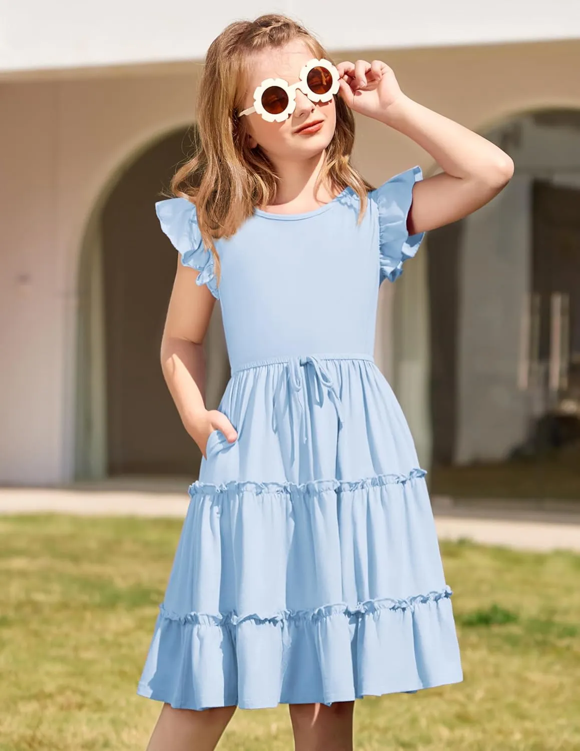 Arshiner Girl's Summer Dress Ruffle Sleeve Tiered Casual Party Dresses with Pockets 5-12 Years