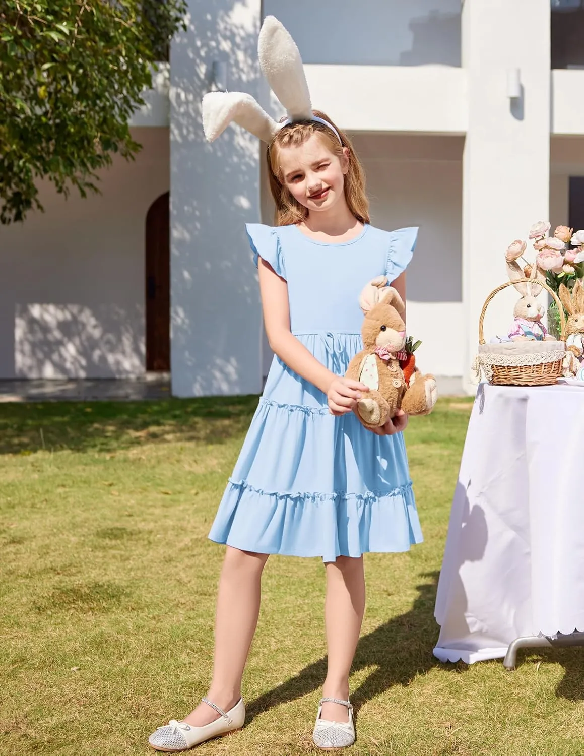 Arshiner Girl's Summer Dress Ruffle Sleeve Tiered Casual Party Dresses with Pockets 5-12 Years