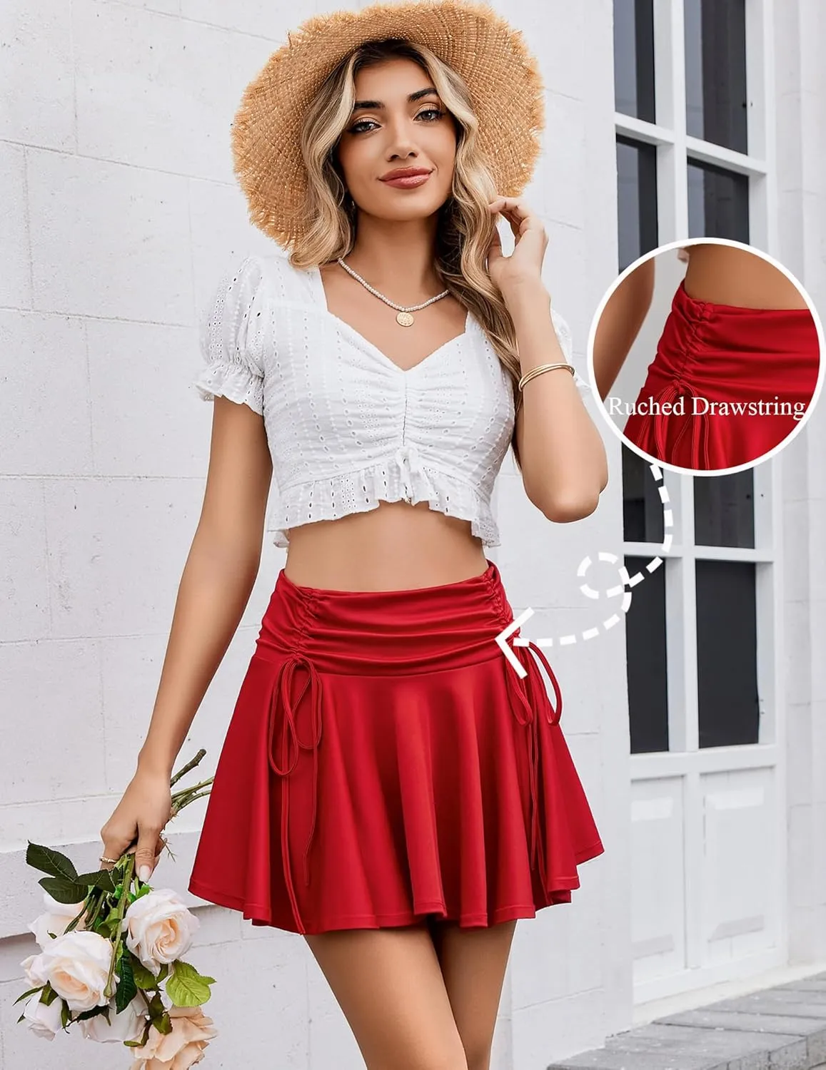 Avidlove Women Pleated Mini Skirt Y2k Drawstring Short Skirts Ruched Skater Skirt Cute Rave Outfit