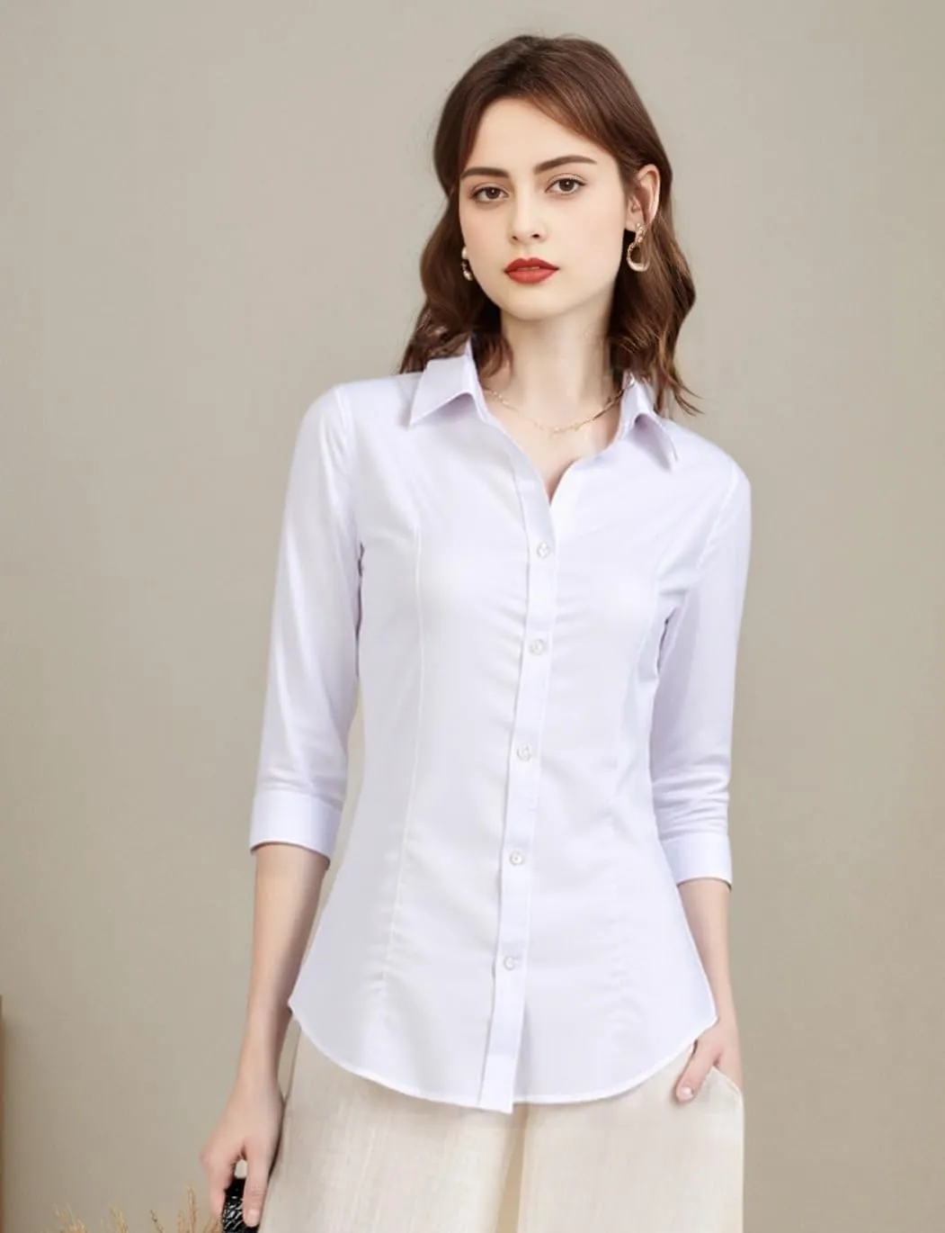 Beninos Women's 3/4 Sleeve Formal Work Wear White Button Down Shirt