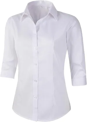 Beninos Women's 3/4 Sleeve Formal Work Wear White Button Down Shirt
