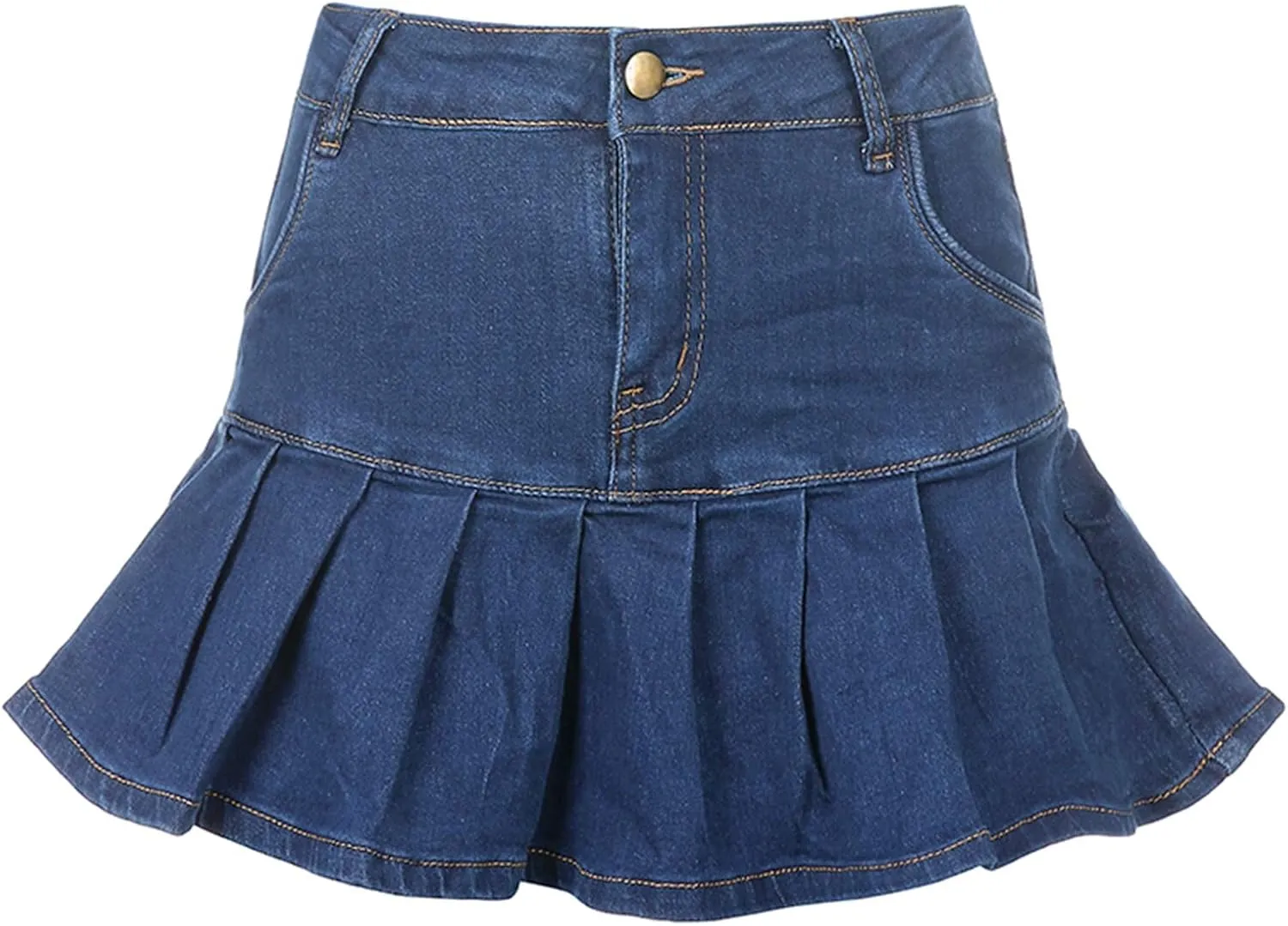 Bowanadacles Women Fashion High Waist Pleated Ruffle Denim Skirt School Uniform A-line Mini Skirt with Lining Shorts Girls