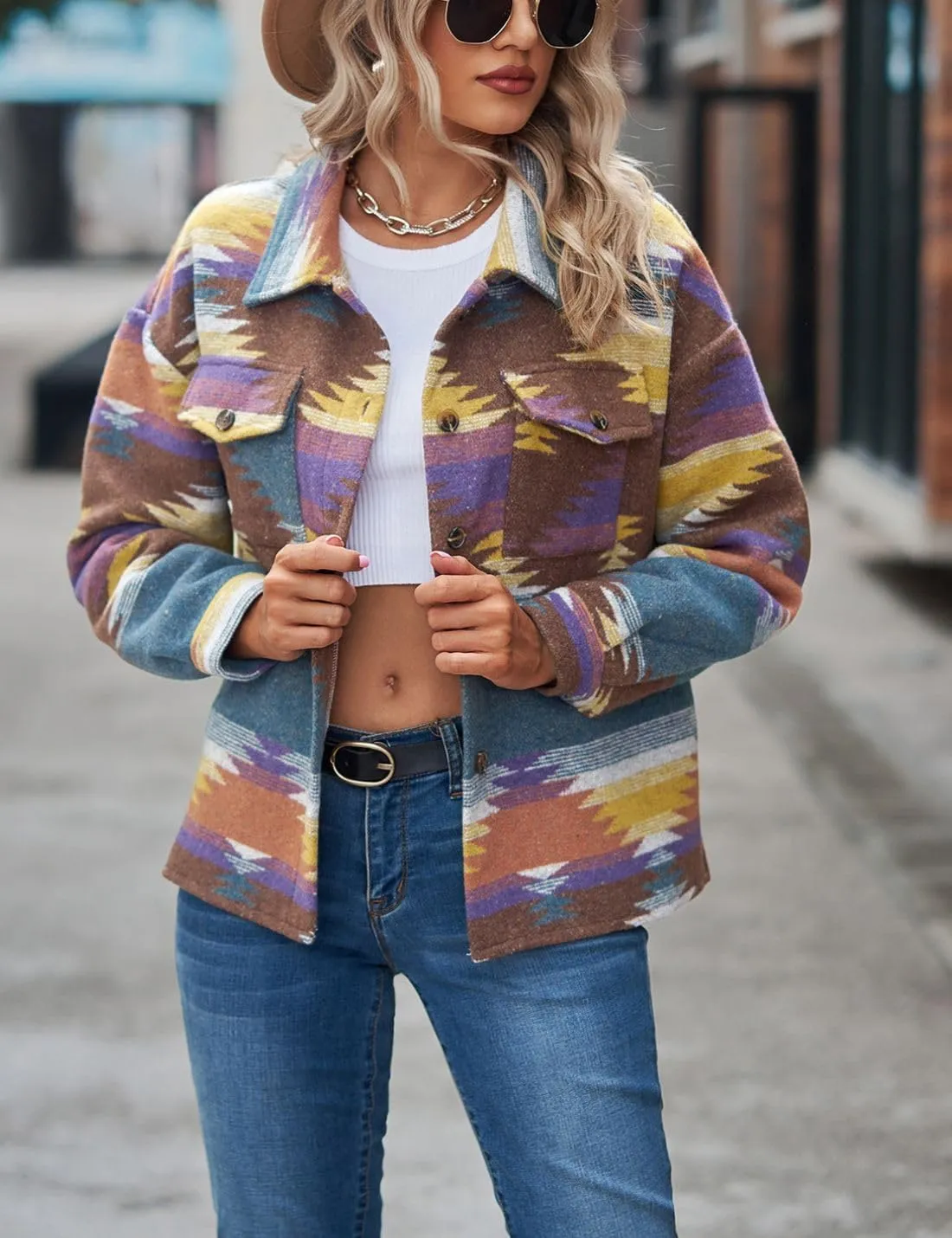 Chevara Womens Vintage Ethnic Aztec Jacket Long Sleeve Button Up Woolen Shacket Western Jackets