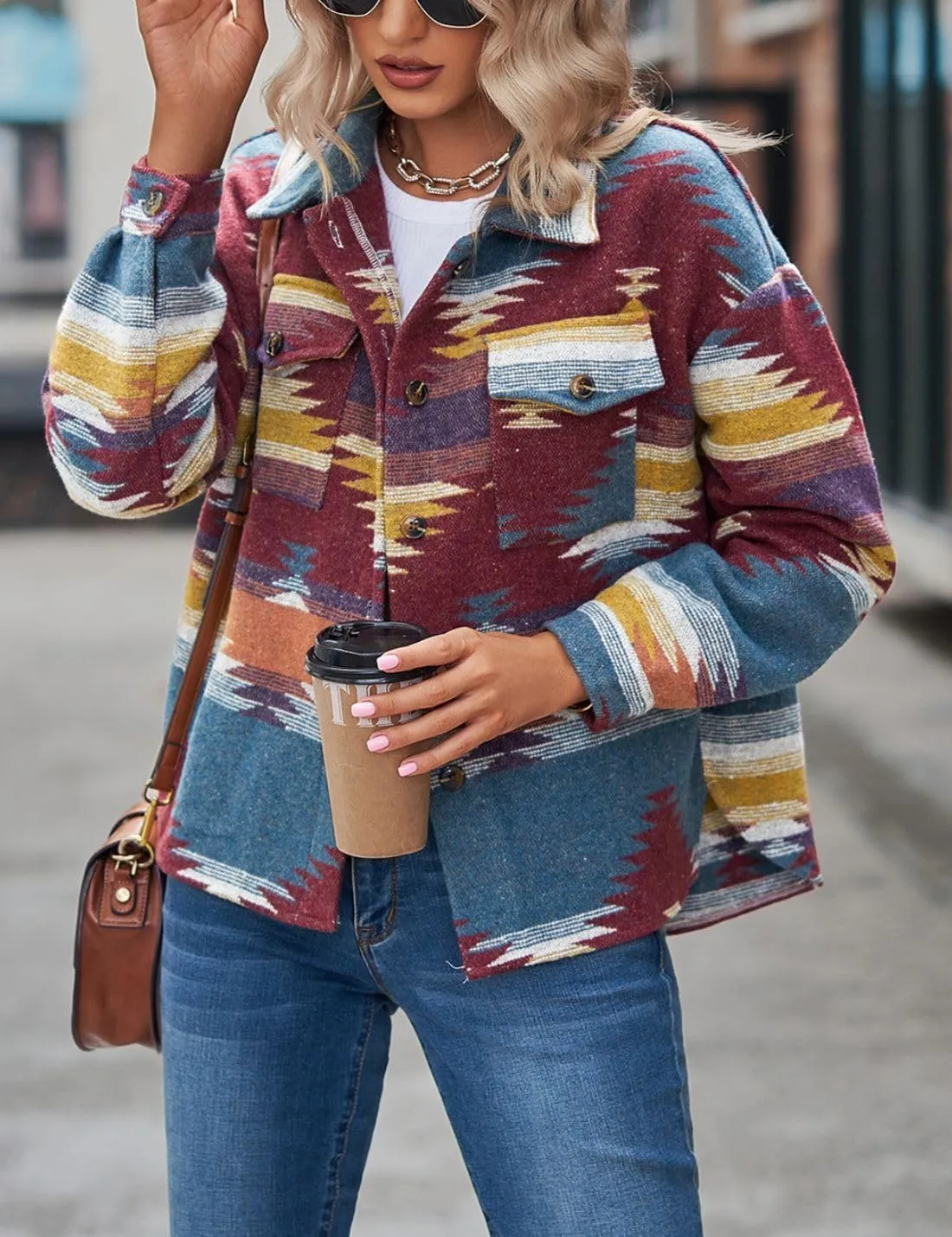 Chevara Womens Vintage Ethnic Aztec Jacket Long Sleeve Button Up Woolen Shacket Western Jackets