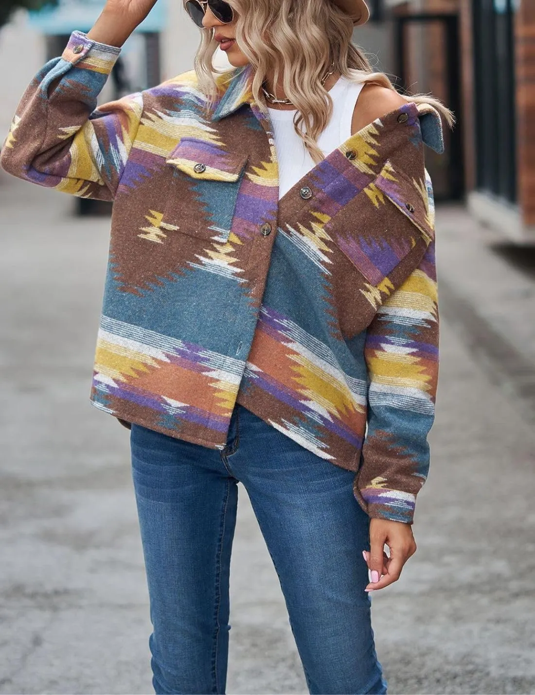 Chevara Womens Vintage Ethnic Aztec Jacket Long Sleeve Button Up Woolen Shacket Western Jackets
