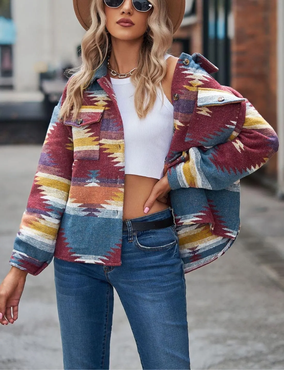 Chevara Womens Vintage Ethnic Aztec Jacket Long Sleeve Button Up Woolen Shacket Western Jackets