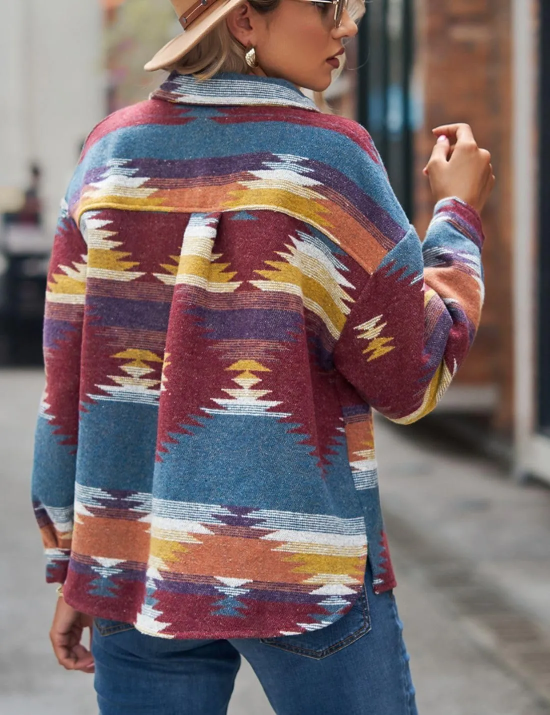 Chevara Womens Vintage Ethnic Aztec Jacket Long Sleeve Button Up Woolen Shacket Western Jackets