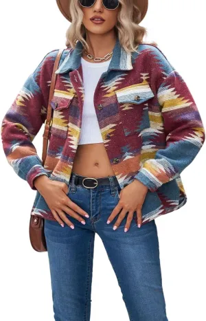 Chevara Womens Vintage Ethnic Aztec Jacket Long Sleeve Button Up Woolen Shacket Western Jackets