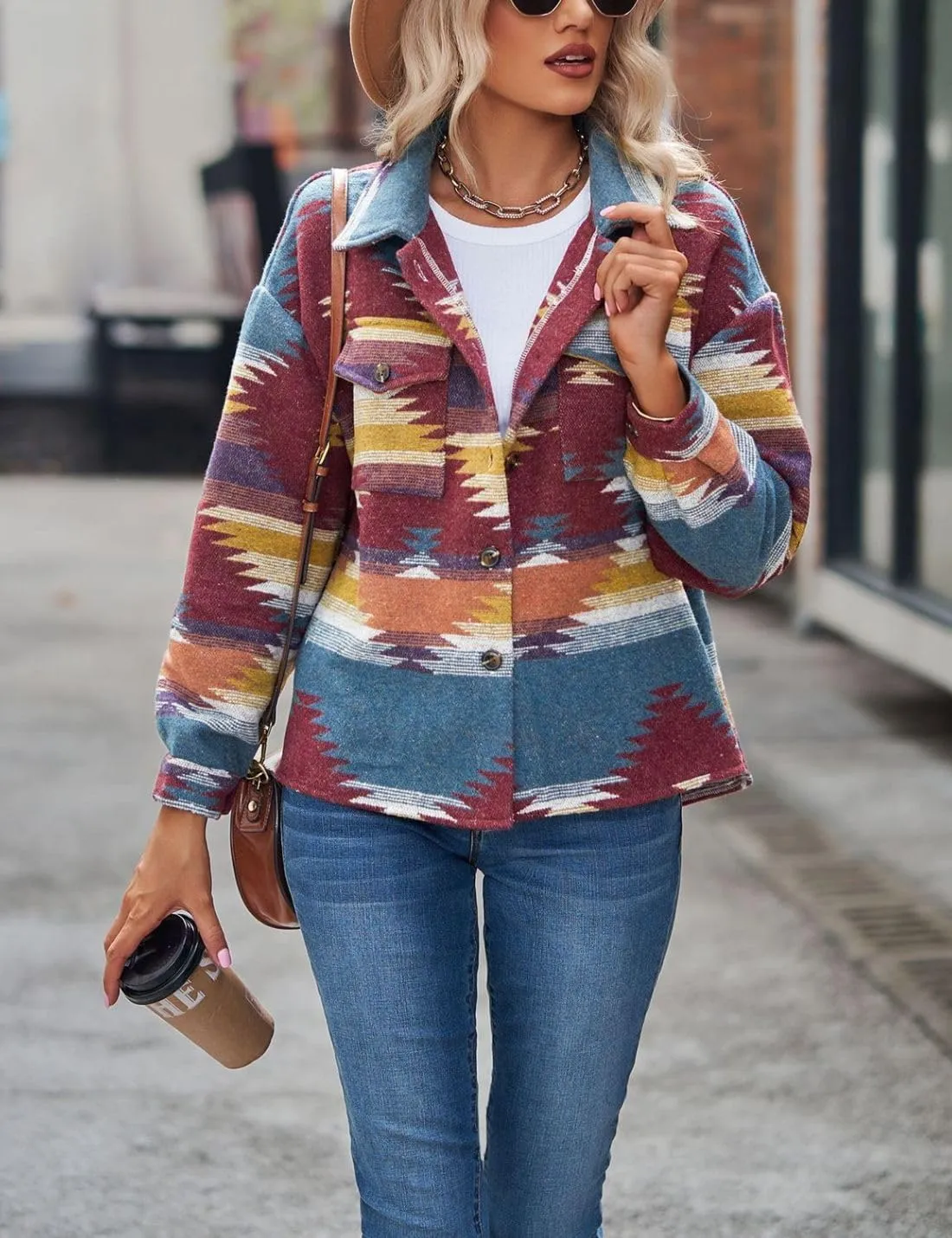 Chevara Womens Vintage Ethnic Aztec Jacket Long Sleeve Button Up Woolen Shacket Western Jackets