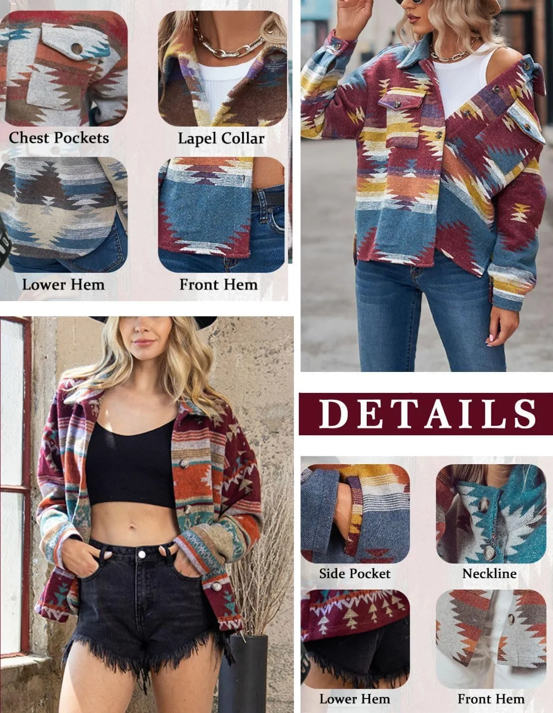 Chevara Womens Vintage Ethnic Aztec Jacket Long Sleeve Button Up Woolen Shacket Western Jackets