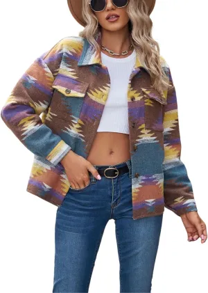 Chevara Womens Vintage Ethnic Aztec Jacket Long Sleeve Button Up Woolen Shacket Western Jackets