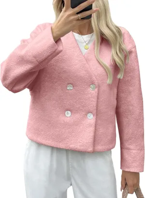 Cicy Bell Womens Cropped Teddy Pea Coat Collarless Wool Blend Fleece Short Jacket Work Casual Fall Outerwear