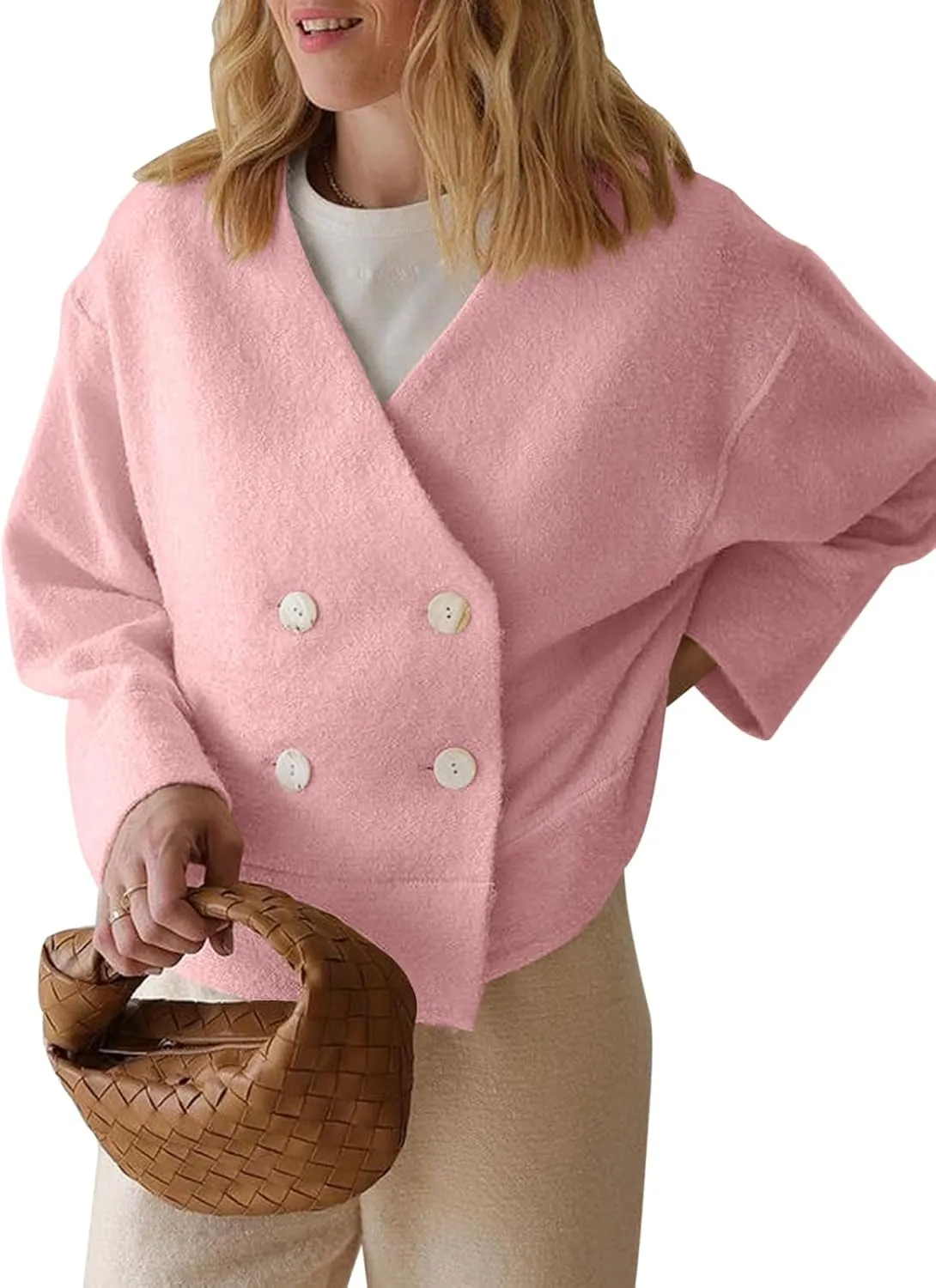 Cicy Bell Womens Cropped Teddy Pea Coat Collarless Wool Blend Fleece Short Jacket Work Casual Fall Outerwear
