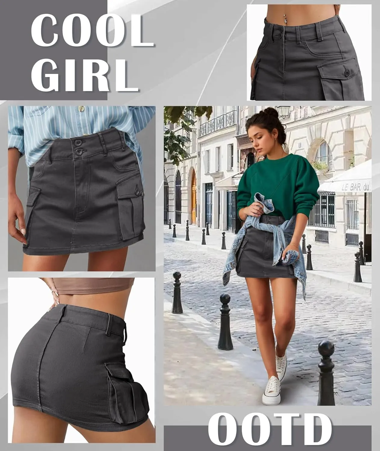 EARKOHA Women's Mini Cargo Skirt Y2K Low Waist Button Short Bodycon Denim Jean With Flap Pockets