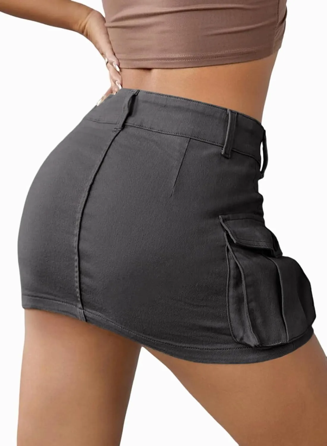 EARKOHA Women's Mini Cargo Skirt Y2K Low Waist Button Short Bodycon Denim Jean With Flap Pockets