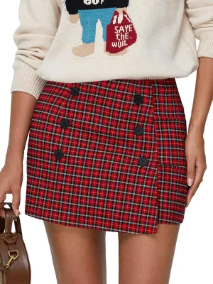 EXLURA Womens Button Bodycon Mini Skirt Sexy Night Club High Waist Elastic Y2K Trendy Short Plaid Skirts