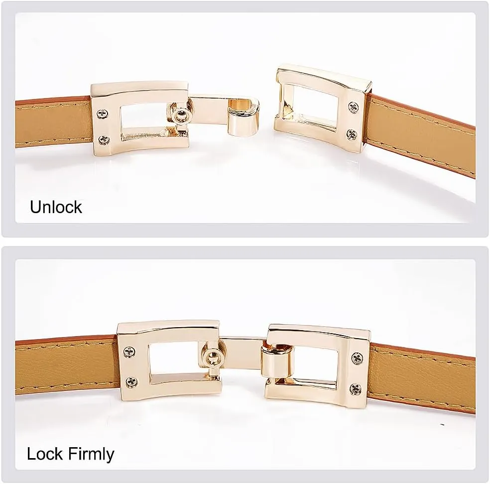 Glamorstar Skinny Belts for Women Thin PU Leather Waist Belt with Gold Buckle for Dresses