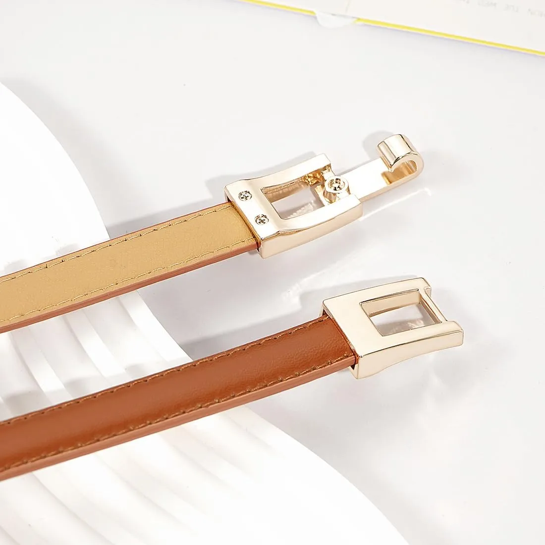 Glamorstar Skinny Belts for Women Thin PU Leather Waist Belt with Gold Buckle for Dresses