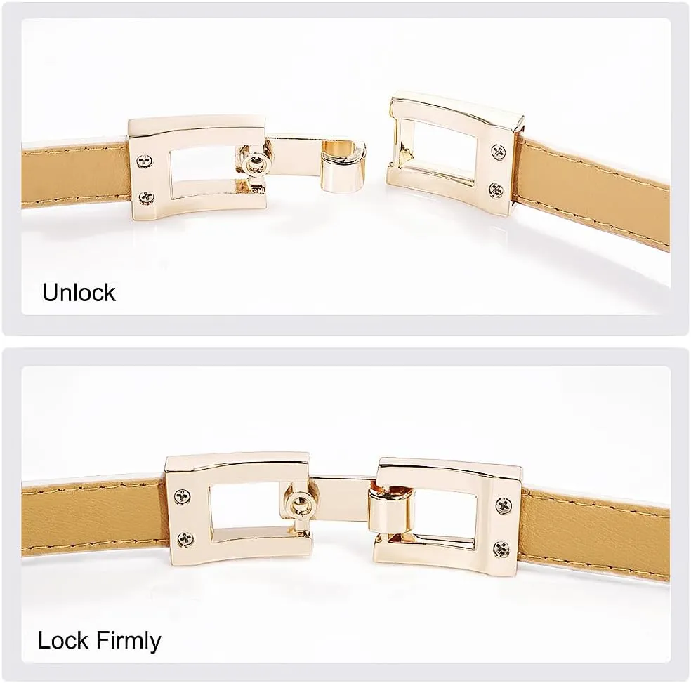 Glamorstar Skinny Belts for Women Thin PU Leather Waist Belt with Gold Buckle for Dresses