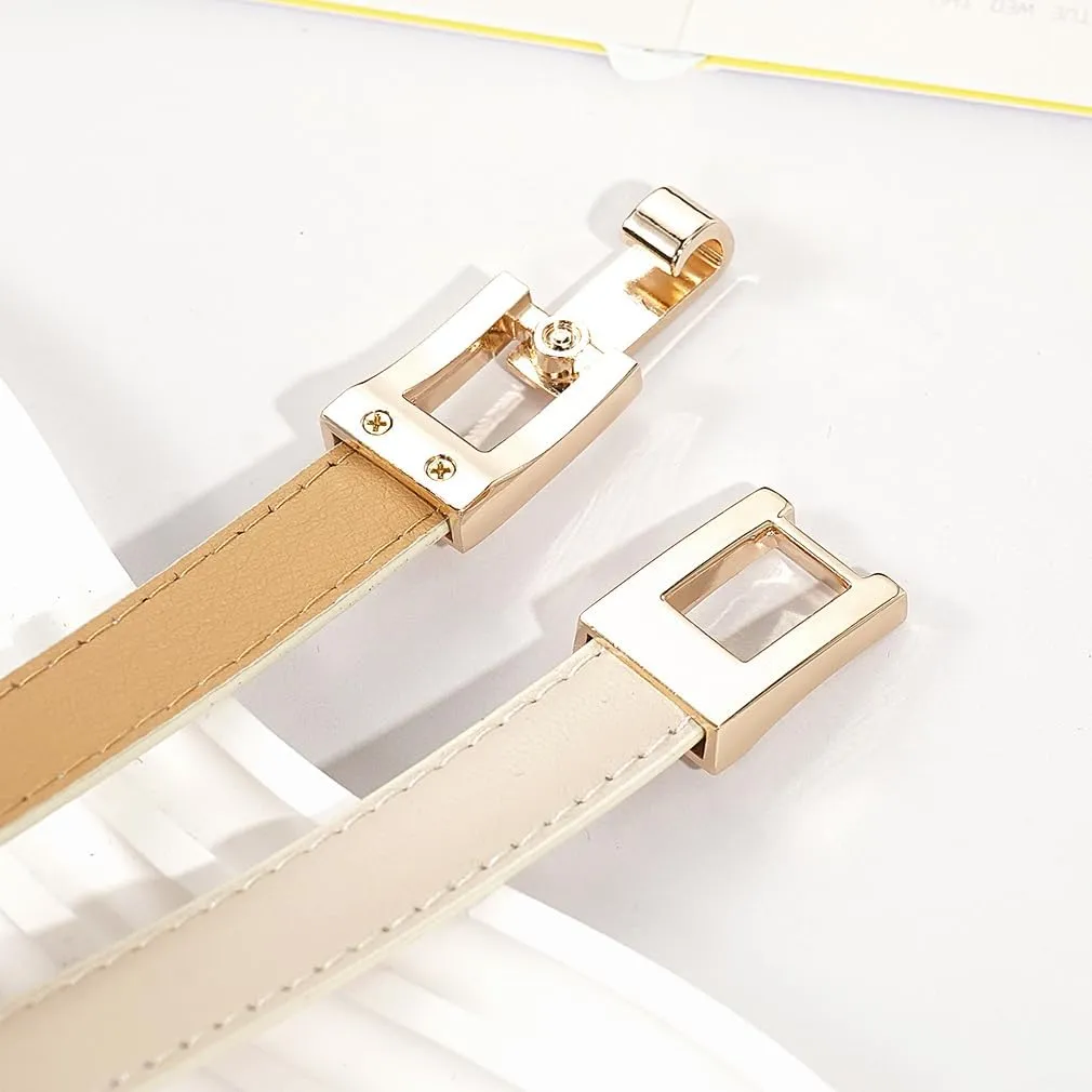 Glamorstar Skinny Belts for Women Thin PU Leather Waist Belt with Gold Buckle for Dresses