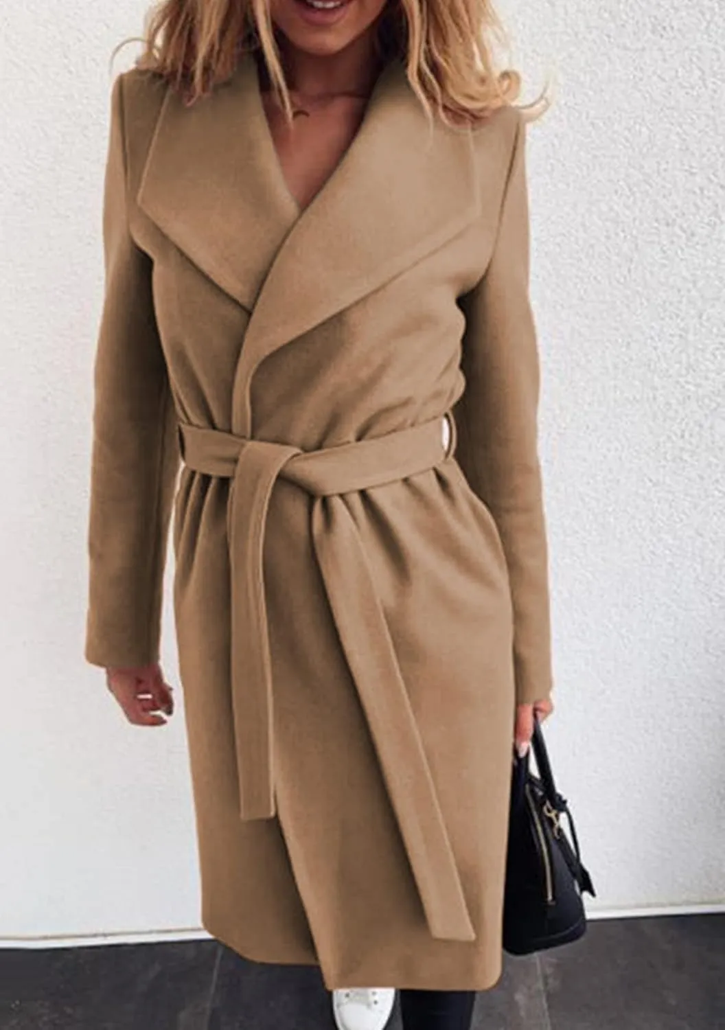 GRASWE Women's Woolen Mid-Length Fashion Lapel Collar Winter Blend Coat - Open Front Elegant Pea Coat