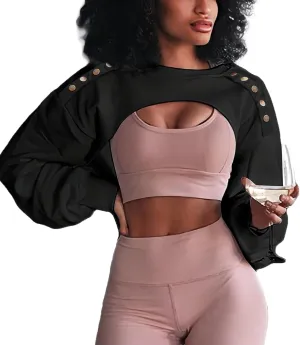 Hilinker Women's Crewneck Long Sleeve Crop Top Casual Loose Cropped Sweatshirt Workout