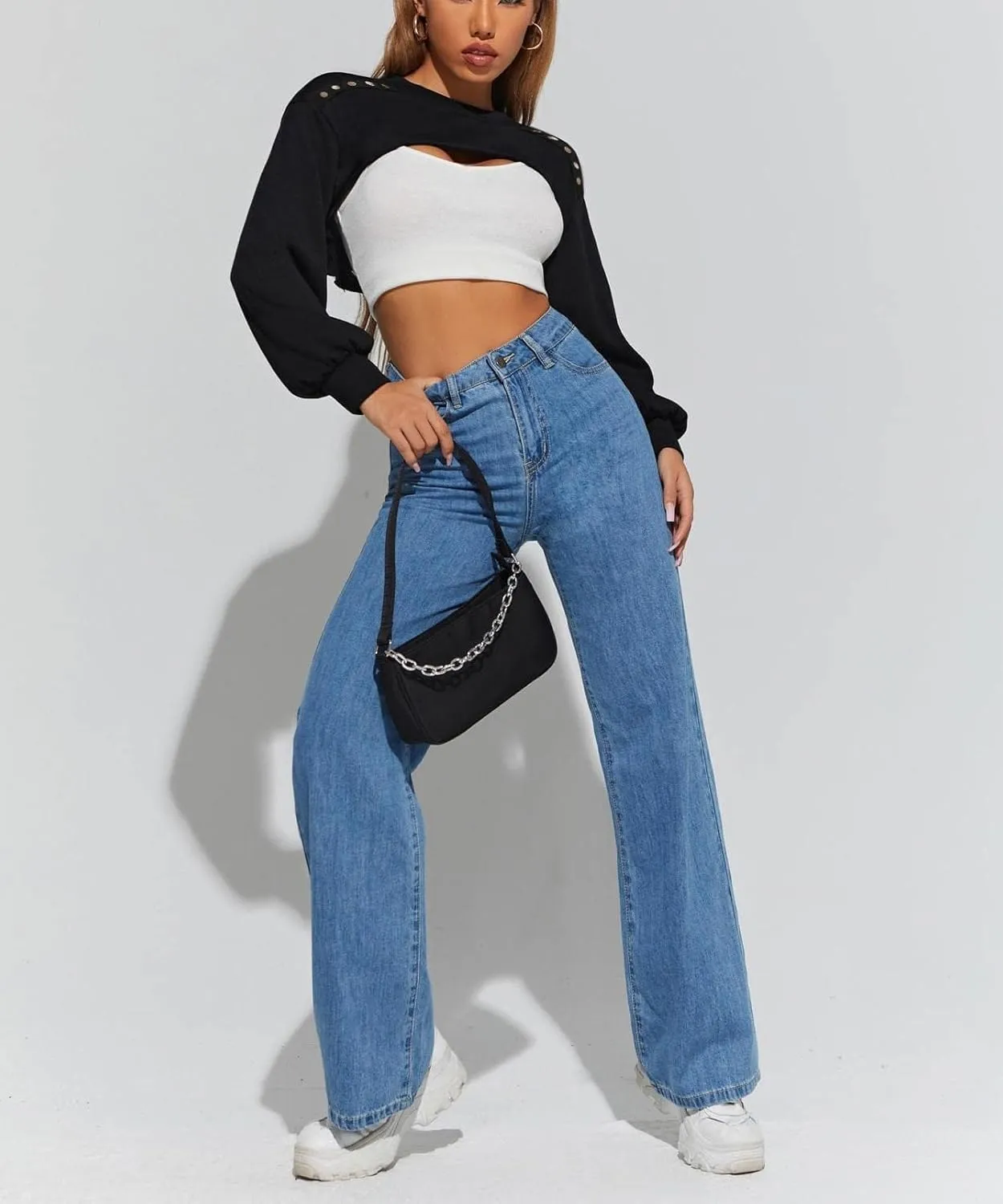 Hilinker Women's Crewneck Long Sleeve Crop Top Casual Loose Cropped Sweatshirt Workout