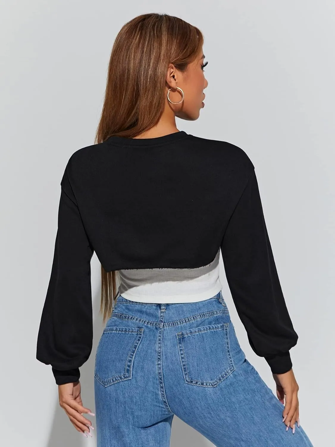 Hilinker Women's Crewneck Long Sleeve Crop Top Casual Loose Cropped Sweatshirt Workout