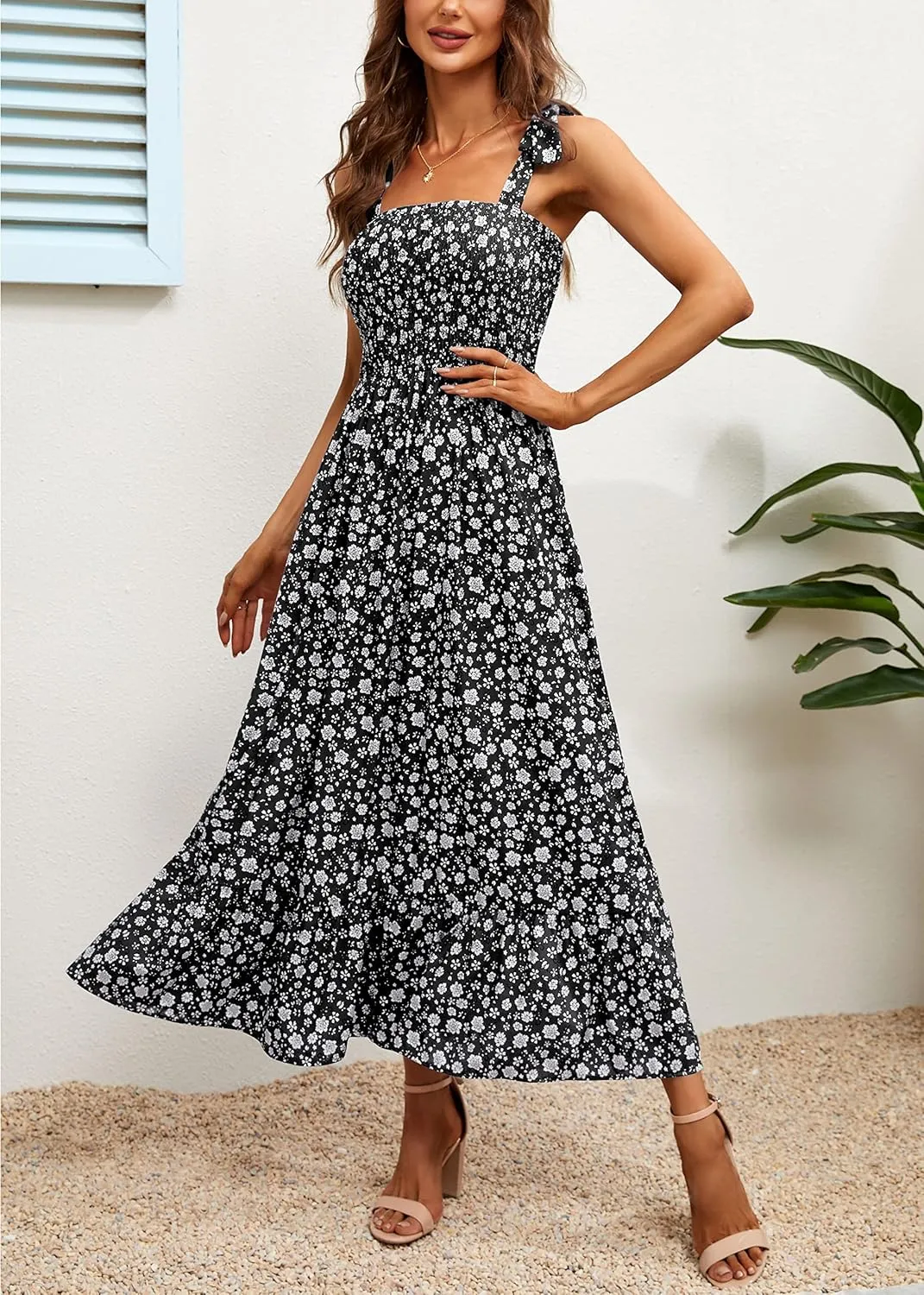 Imily Bela Womens Summer Dress Tie Strap Boho Floral Beach Dress Square Neck Ruffle Sun Dresses A Line Smocked Maxi Dress