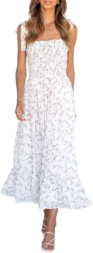 Imily Bela Womens Summer Dress Tie Strap Boho Floral Beach Dress Square Neck Ruffle Sun Dresses A Line Smocked Maxi Dress