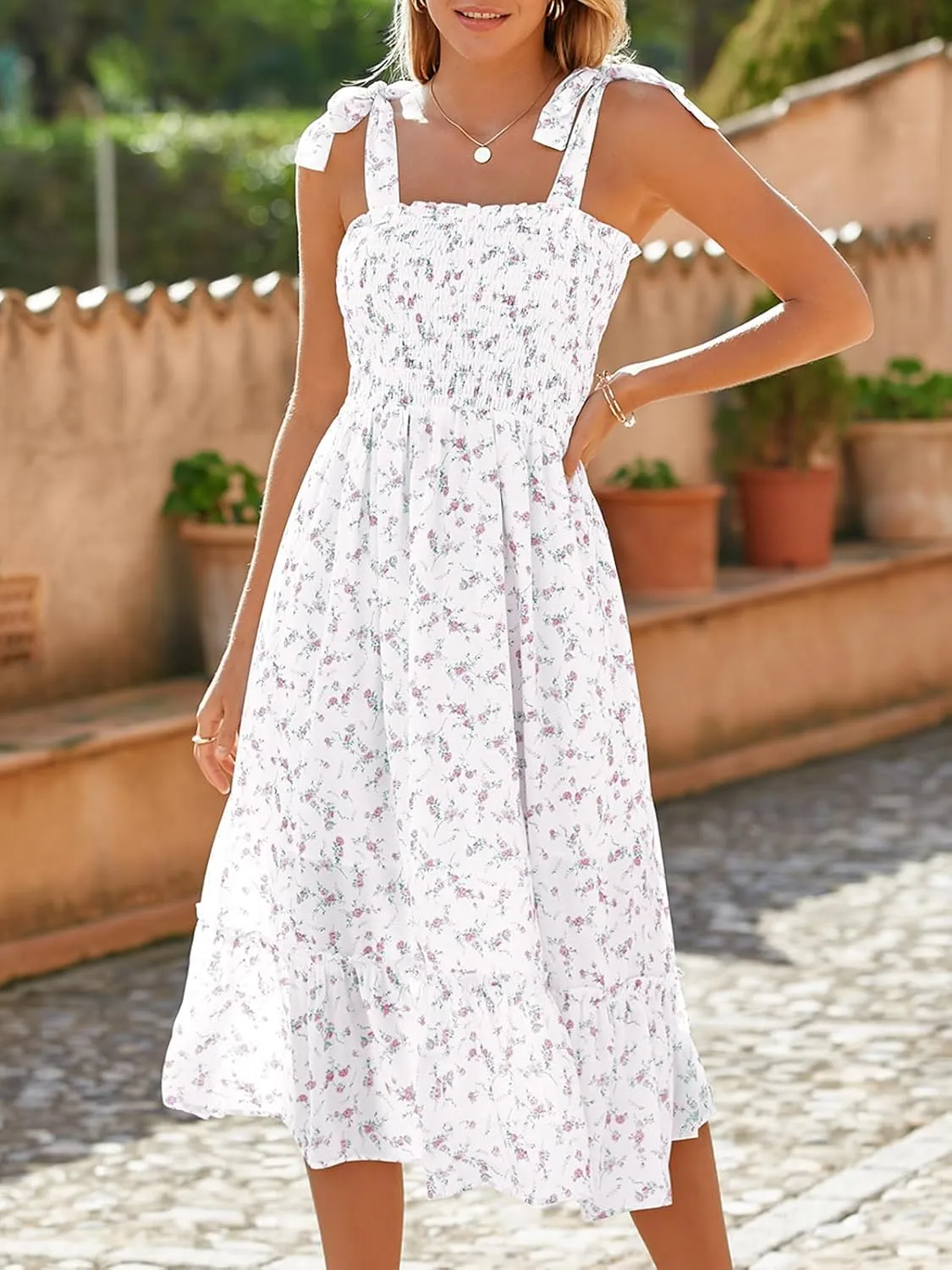 Imily Bela Womens Summer Dress Tie Strap Boho Floral Beach Dress Square Neck Ruffle Sun Dresses A Line Smocked Maxi Dress