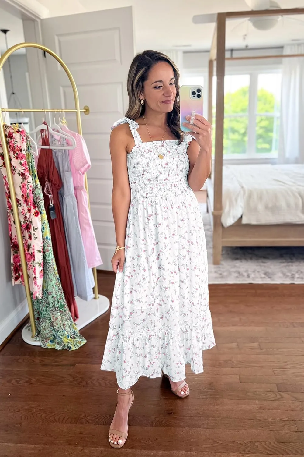 Imily Bela Womens Summer Dress Tie Strap Boho Floral Beach Dress Square Neck Ruffle Sun Dresses A Line Smocked Maxi Dress