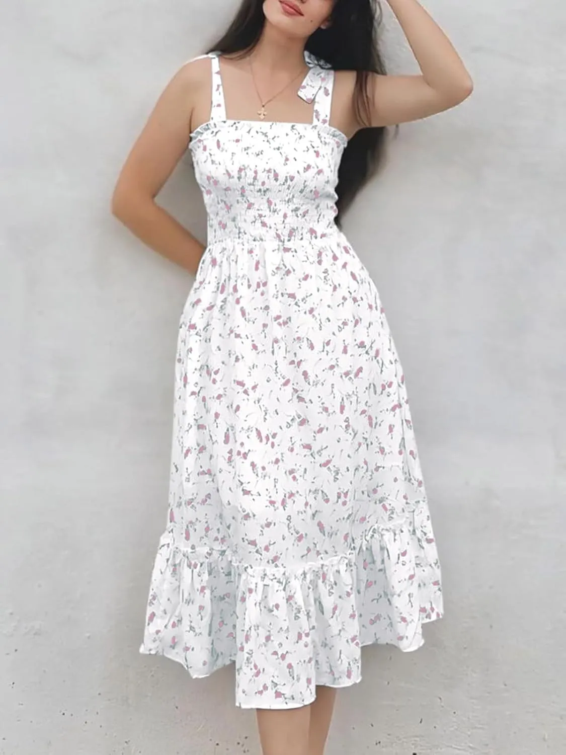 Imily Bela Womens Summer Dress Tie Strap Boho Floral Beach Dress Square Neck Ruffle Sun Dresses A Line Smocked Maxi Dress