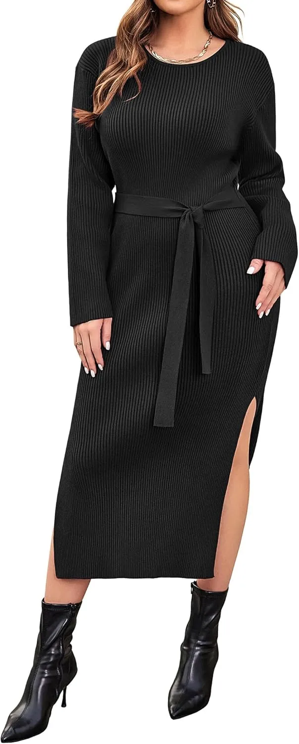 IN'VOLAND Plus Size Womens Ribbed Sweater Dress Long Sleeve Crewneck Tie Waist Knit Bodycon Midi Dresses with Belt