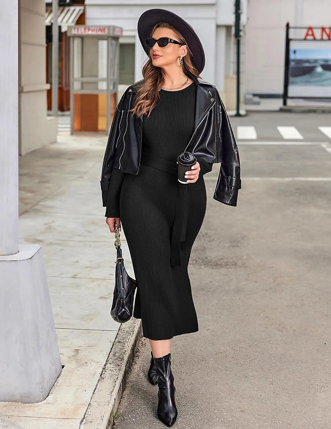 IN'VOLAND Plus Size Womens Ribbed Sweater Dress Long Sleeve Crewneck Tie Waist Knit Bodycon Midi Dresses with Belt