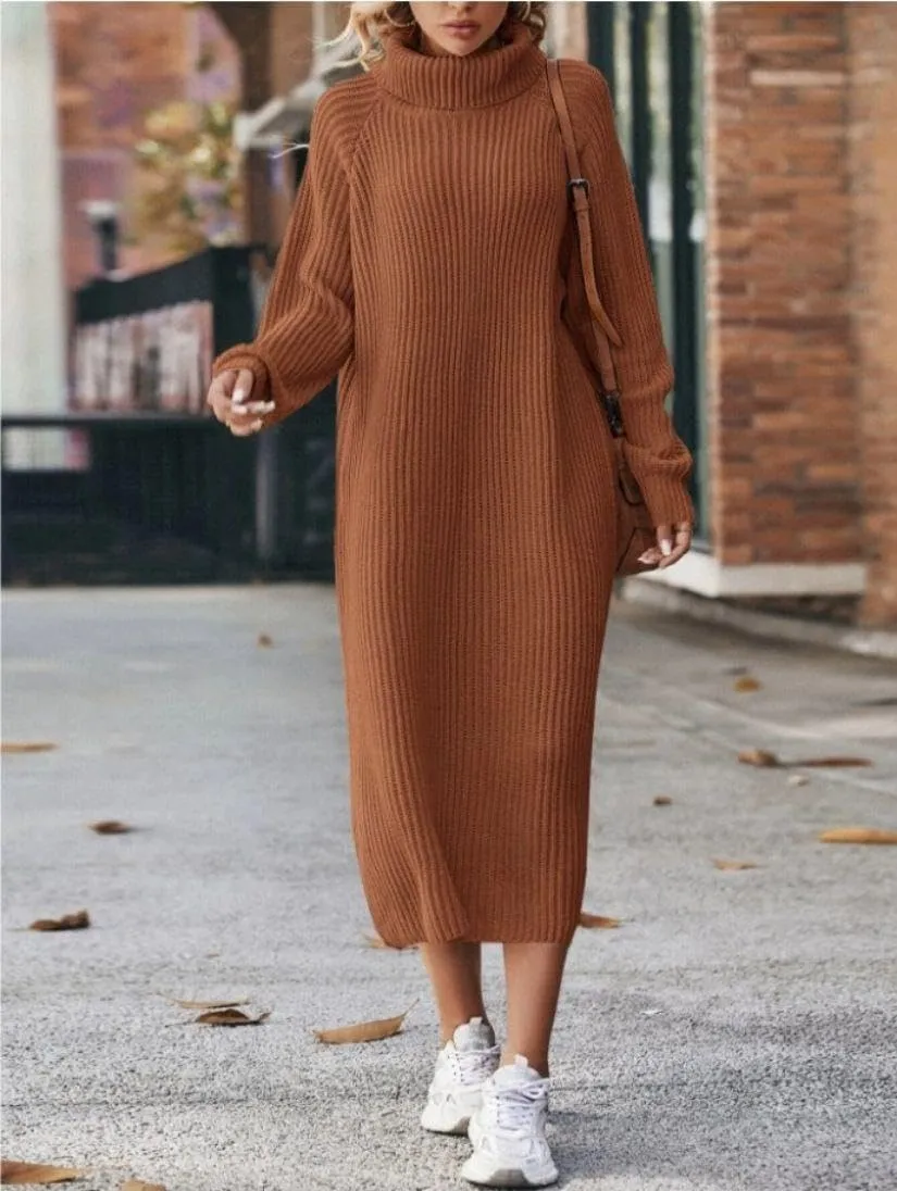 IVERIRMIN Women's Oversized Solid Midi Sweater Dress, Fall/Winter/Spring Fashion Turtleneck Pull-on Long Sleeve Knit Dress