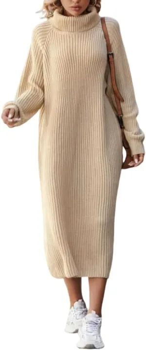 IVERIRMIN Women's Oversized Solid Midi Sweater Dress, Fall/Winter/Spring Fashion Turtleneck Pull-on Long Sleeve Knit Dress
