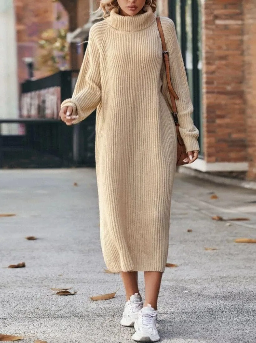 IVERIRMIN Women's Oversized Solid Midi Sweater Dress, Fall/Winter/Spring Fashion Turtleneck Pull-on Long Sleeve Knit Dress