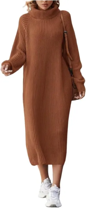IVERIRMIN Women's Oversized Solid Midi Sweater Dress, Fall/Winter/Spring Fashion Turtleneck Pull-on Long Sleeve Knit Dress