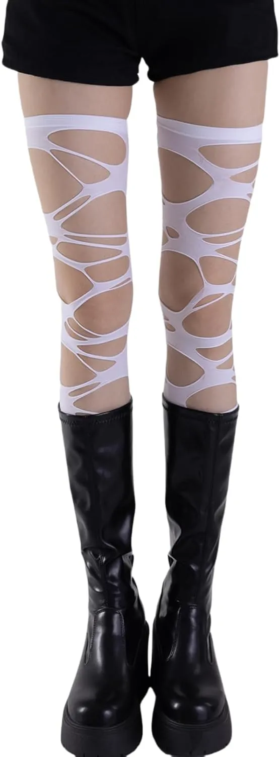JUMISEE Womens Gothic Ripped Thigh High Socks Y2K Hollow Out Fishnet Stockings Ragged Tights Hosiery for Halloween Cosplay