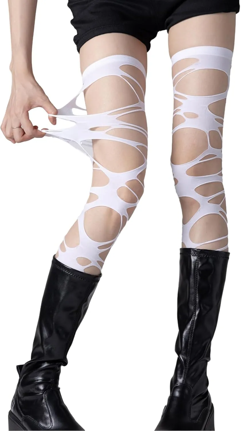 JUMISEE Womens Gothic Ripped Thigh High Socks Y2K Hollow Out Fishnet Stockings Ragged Tights Hosiery for Halloween Cosplay