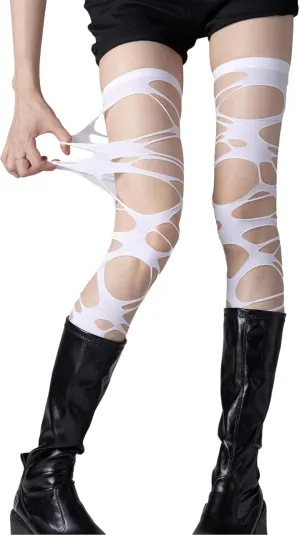 JUMISEE Womens Gothic Ripped Thigh High Socks Y2K Hollow Out Fishnet Stockings Ragged Tights Hosiery for Halloween Cosplay