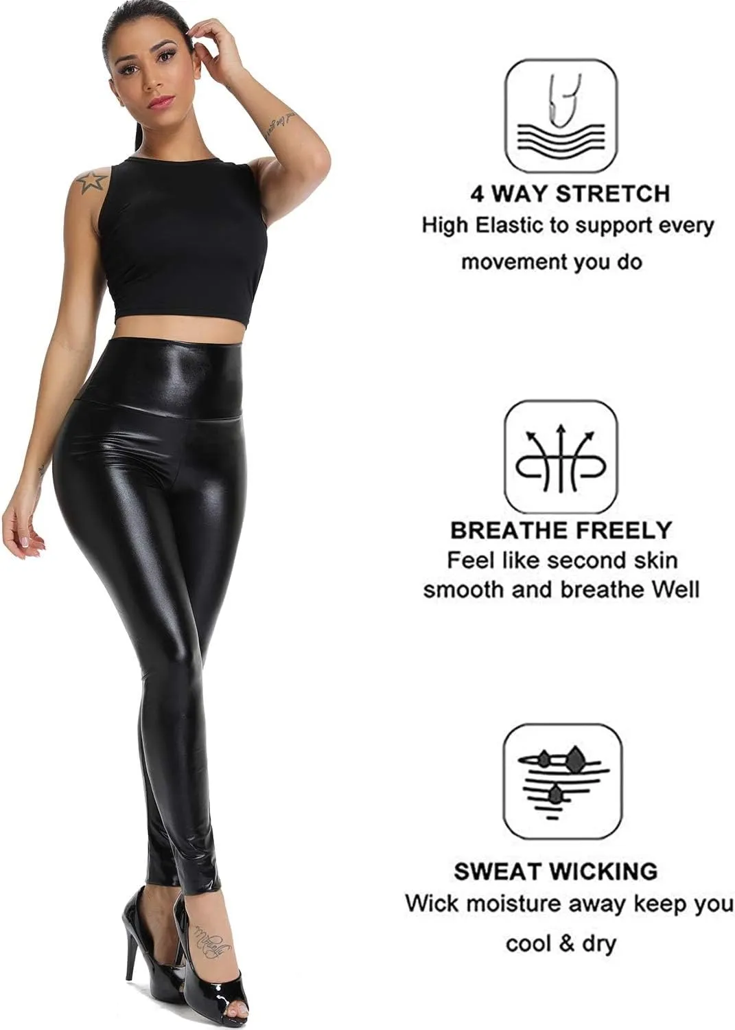 KIWI RATA High Waisted Faux Leather Leggings for Women Butt Lifting Stretchy PU Pants Sexy Tights
