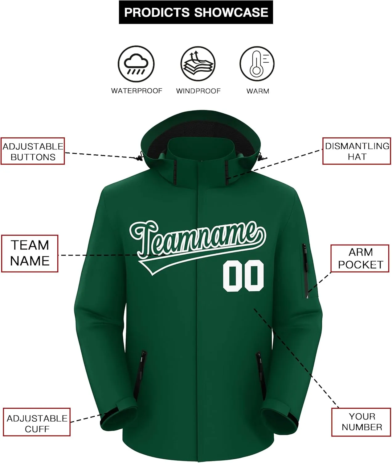 KXK Custom Outdoor Waterproof Jacket Hooded Stitched Personalized Name Number Windbreaker Rain Shell Coat for Men Women
