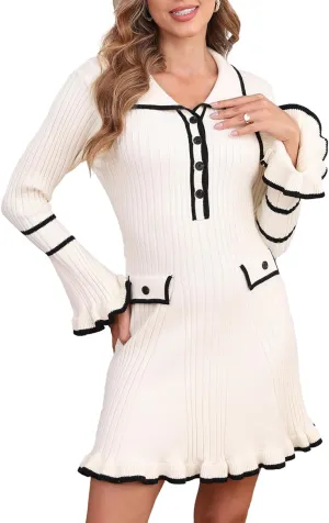 Ladyful Women's Sweater Mini Dress Long Sleeve Sexy Bodycon Button Front V-Neck Knit Pullover Dress