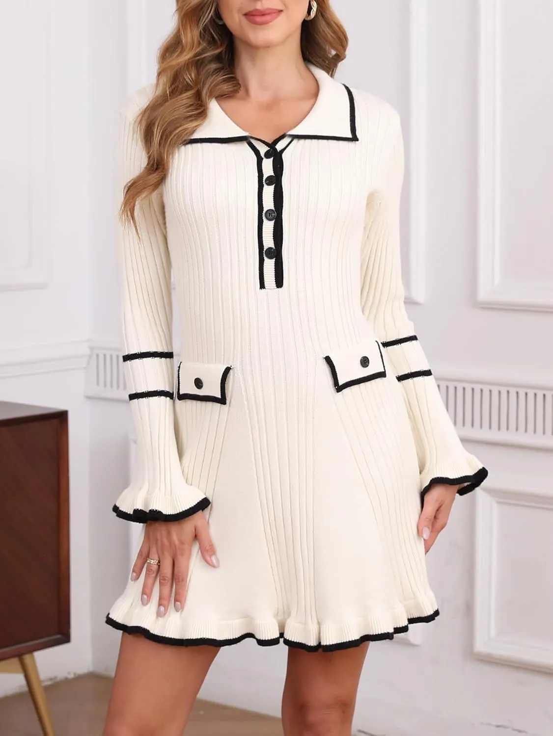 Ladyful Women's Sweater Mini Dress Long Sleeve Sexy Bodycon Button Front V-Neck Knit Pullover Dress